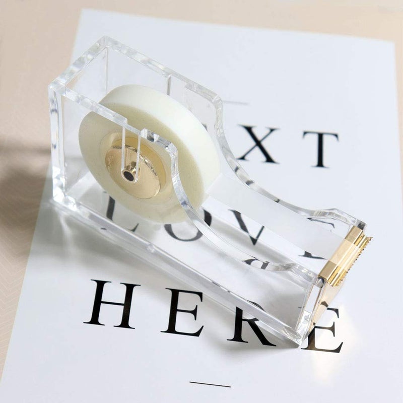 Multibey Clear Acrylic Gold 1 Inch Core Desktop Adhesive Tape Dispenser Cutter with Tape Office School Gift Idea (Gold) - Image 2